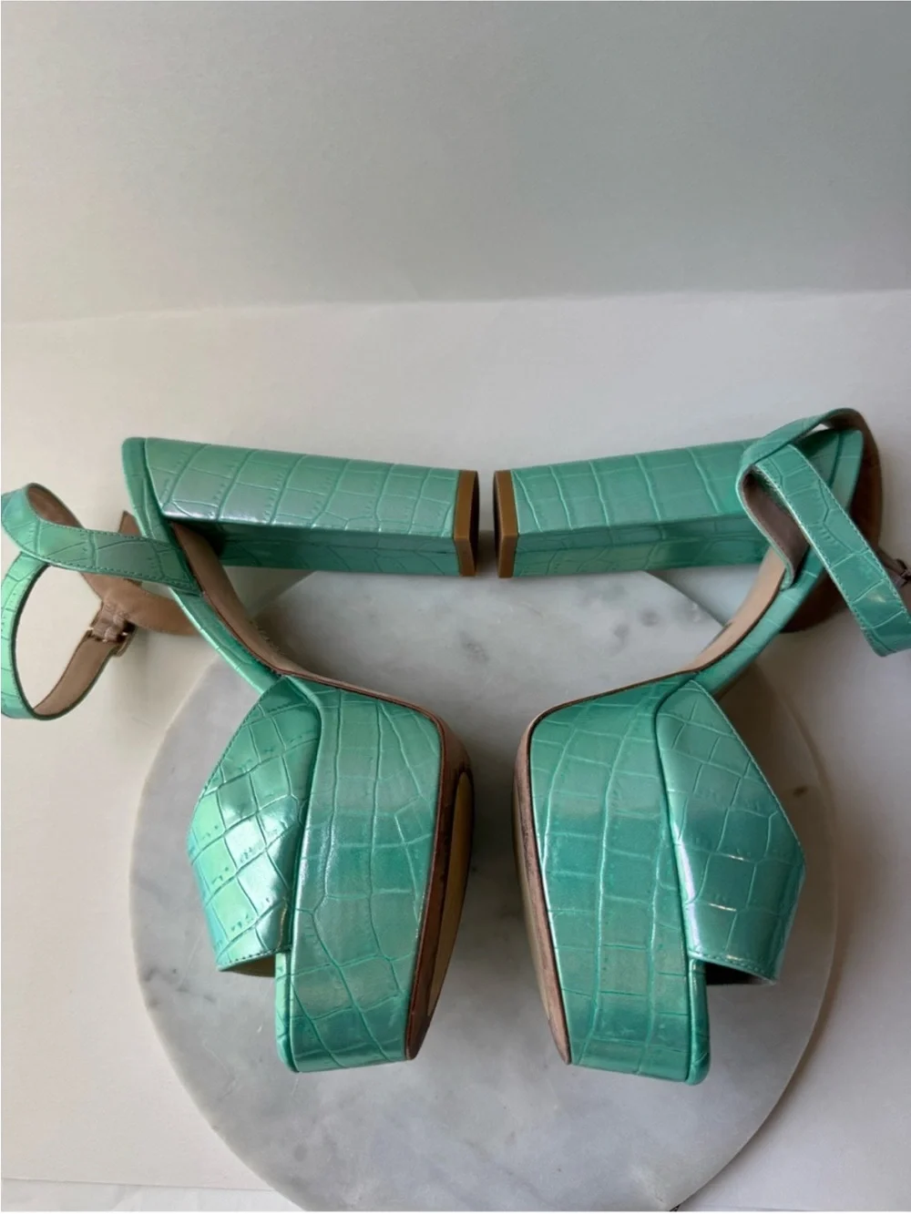 Stuart Weitzman Ryder Aqua Croc-Embossed Platform Sandals